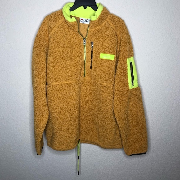 Fila Orange Neon Green Cozy Sherpa Half Zip Sweatshirt Pullover Jacket - Picture 3 of 6
